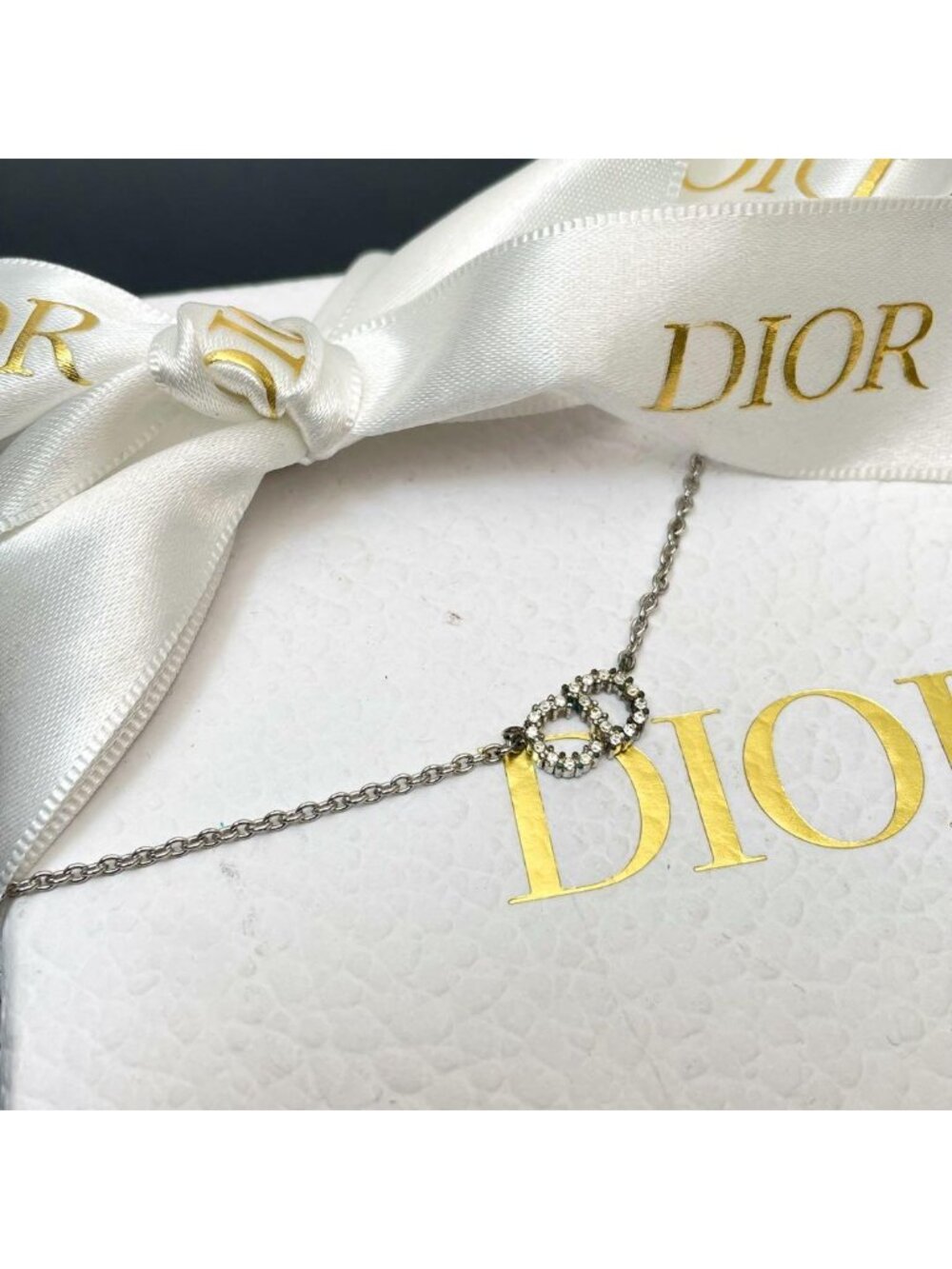 Dior Clair D Lune CD Logo Necklace Rhinestone Silver